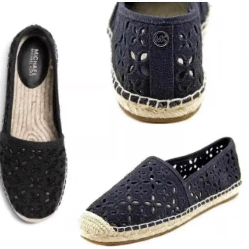 New Michael Kors Darci Black Eyelet Canvas Espadrilles Flat Shoe Slip On Sz 9.5